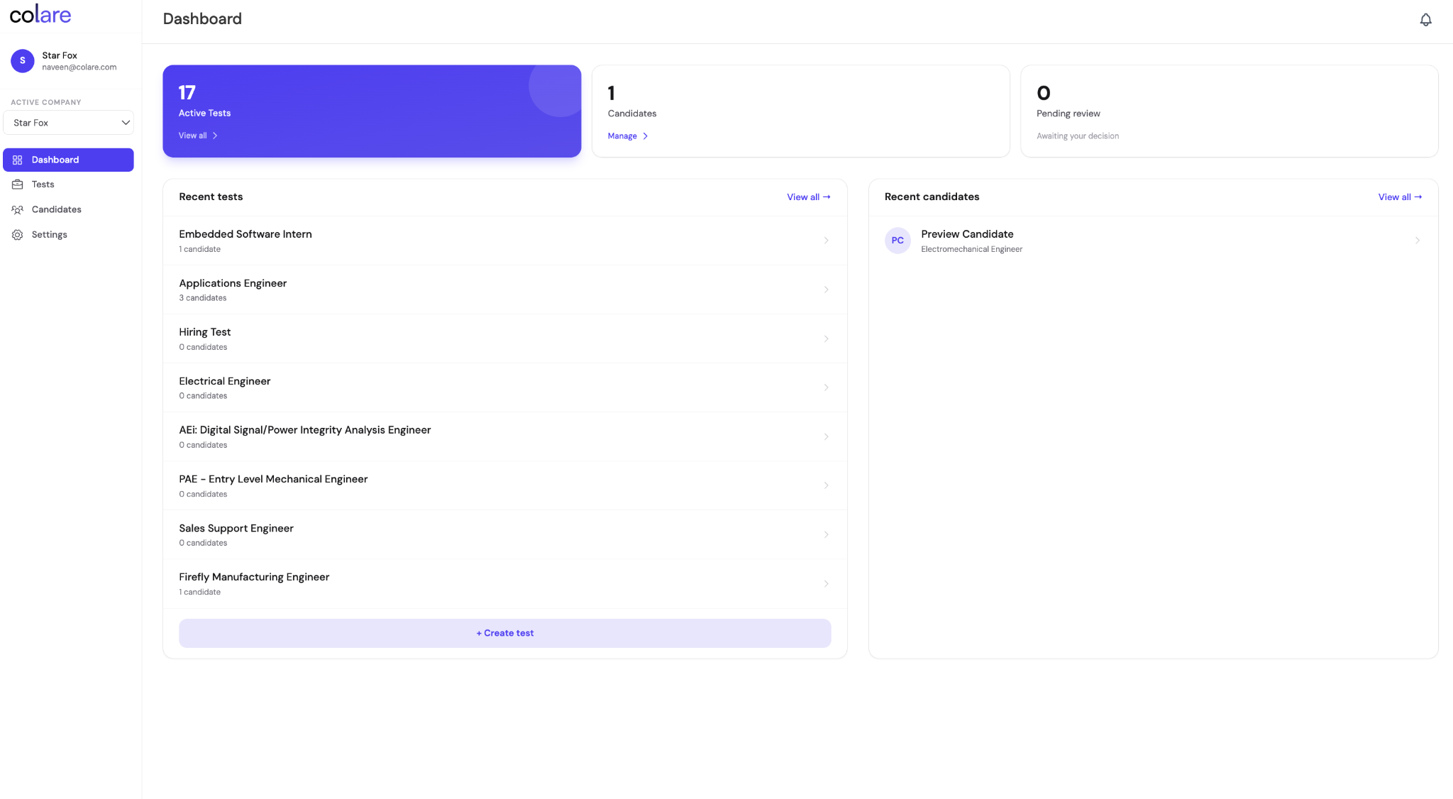 Colare dashboard with sidebar nav, three summary chips at top, recent tests and recent candidates lists