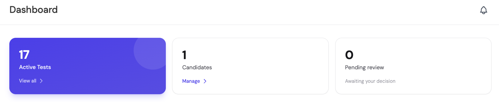 Three dashboard chips: 17 Active Tests, 1 Candidate, 0 Pending review