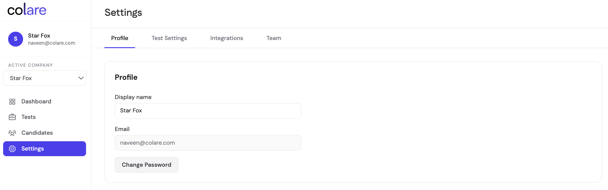 Settings page with Profile tab open showing display name, email, and change password