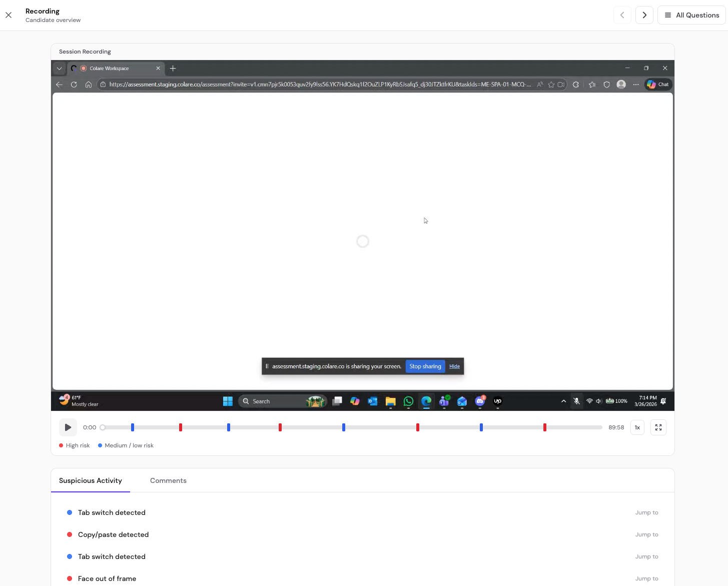 Recording view of a candidate session, with a session recording above a timeline marked with red and blue flags, and a Suspicious Activity list showing tab switches, copy paste detected, and face out of frame events