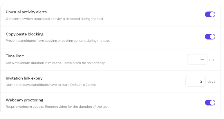 Test Integrity settings panel showing Unusual activity alerts, Copy paste blocking, Time limit, Invitation link expiry, and Webcam proctoring controls