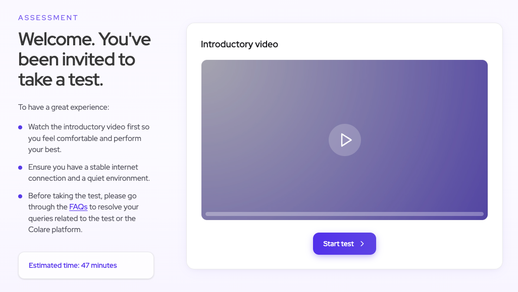Candidate welcome screen reading 'Welcome. You've been invited to take a test.' with an introductory video, prep tips, an estimated time of 47 minutes, and a Start test button